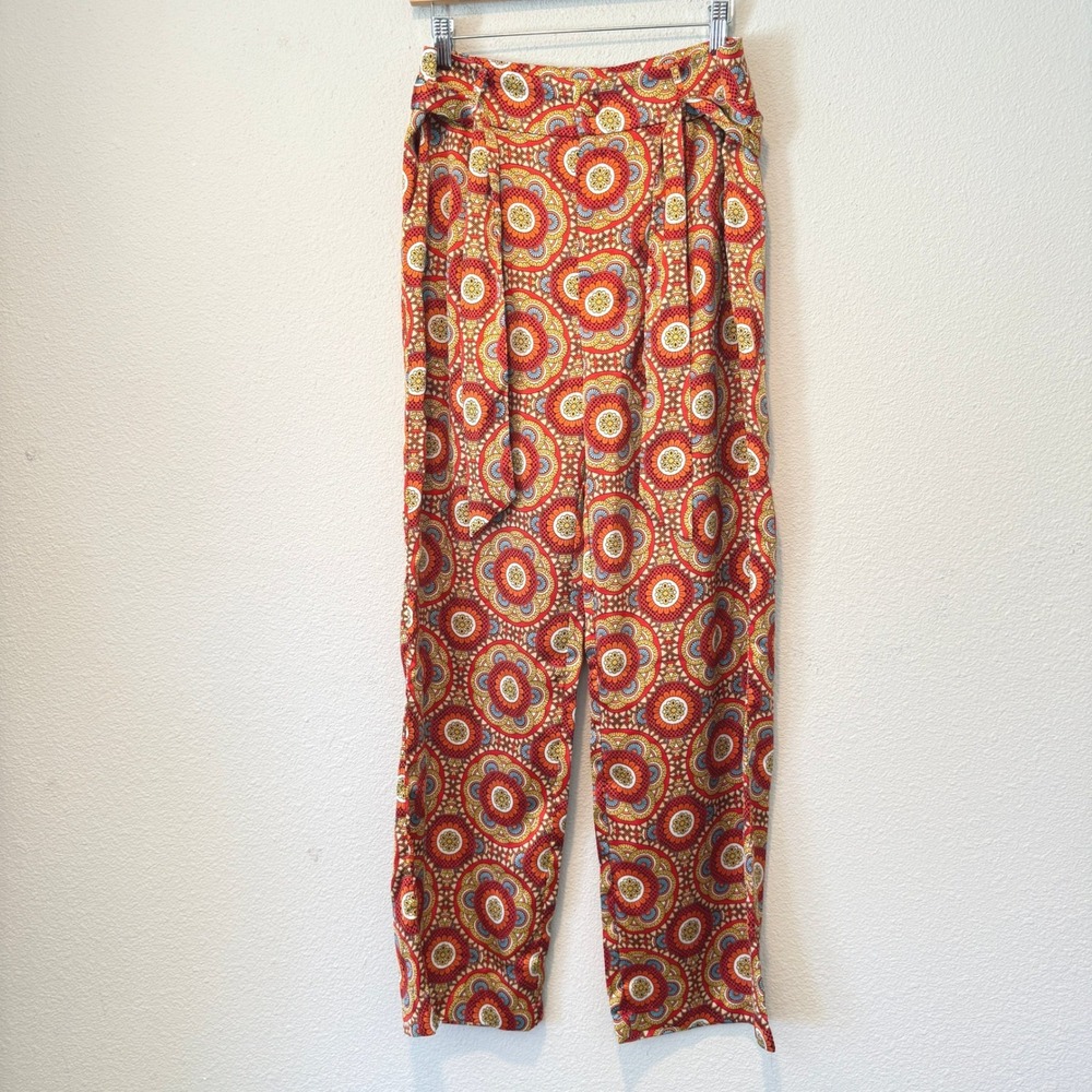 Ellison Womens High Waisted Wide Leg Medallion Print Tie Waist Pants Orange L‎